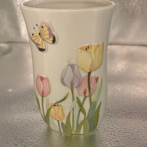 Vintage Ceramic 3D vase sculpted design of tulips and a butterfly.